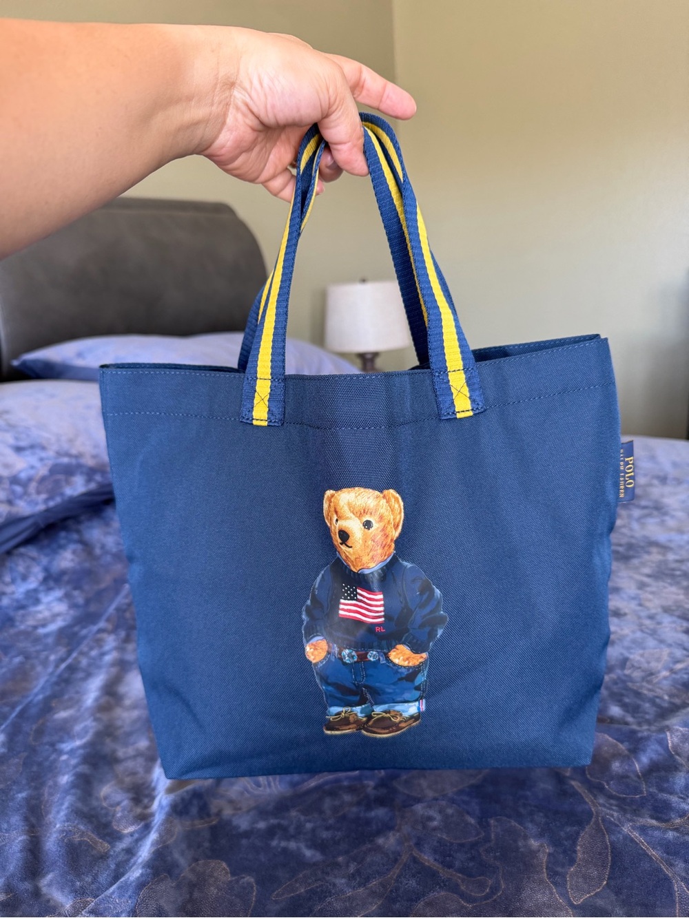 Polo by Ralph Lauren Navy Tote with Yellow-Striped Handles and Bear Graphic - Picture 3 of 16